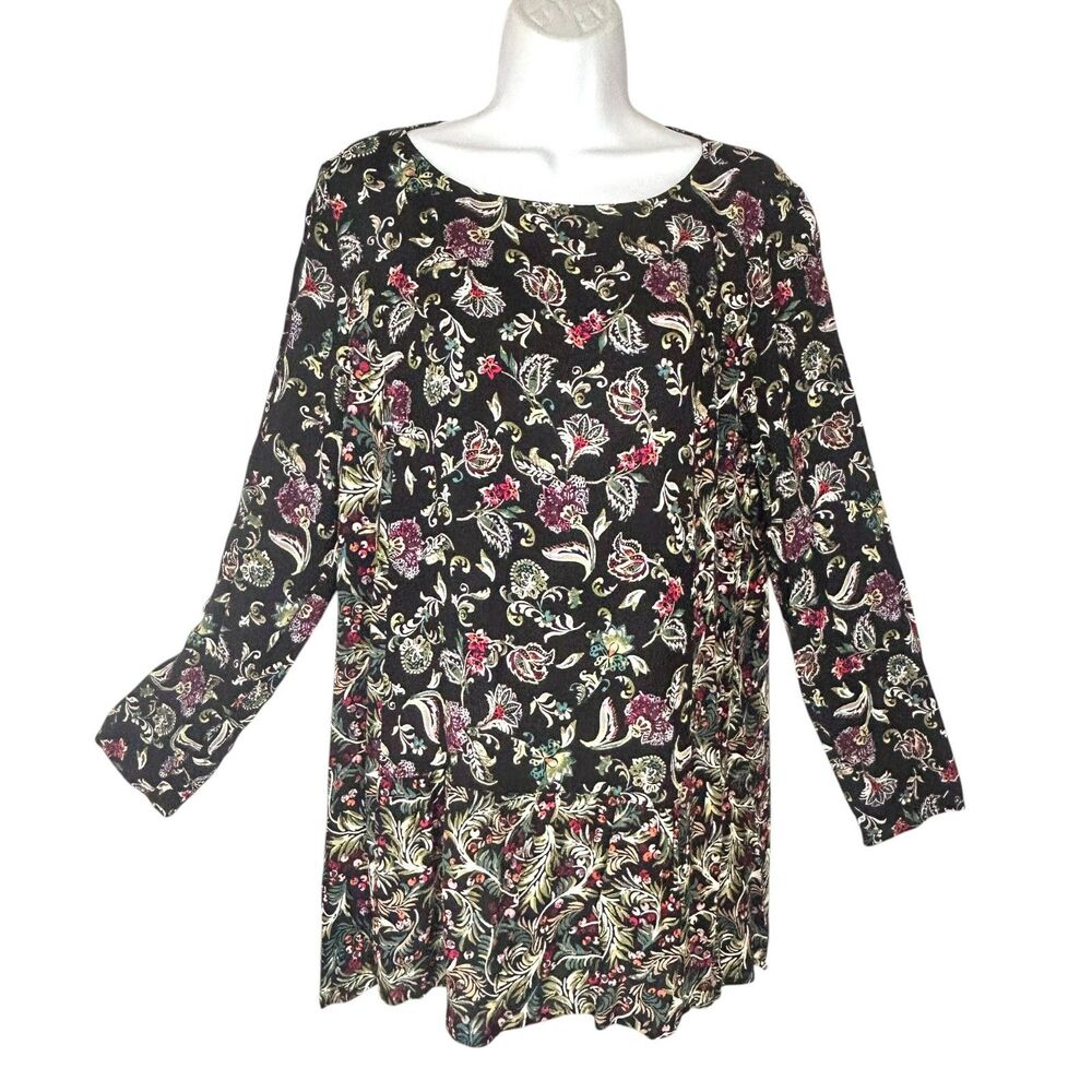 J Jill Pullover Tunic Top M Black Floral Peplum Long Sleeves Purple Green White - Picture 3 of 9